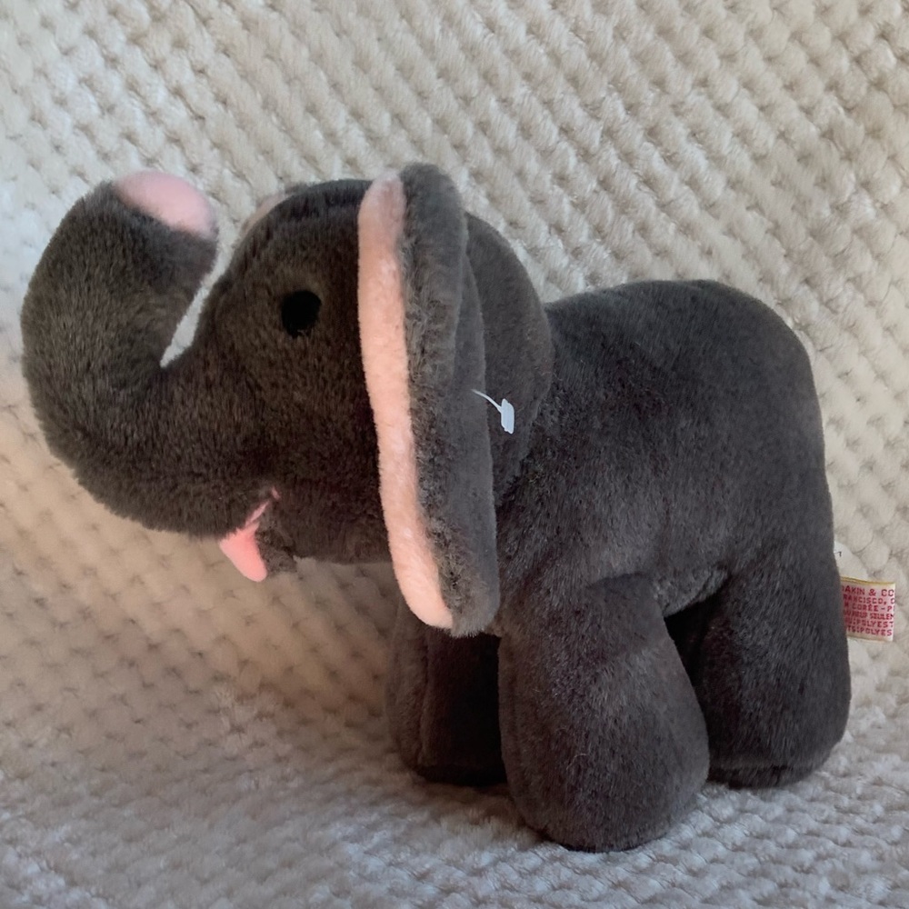 Vintage 1985 R. DAKIN & Co Plush Grey and Pink Elephant Stuffed Animal Toy
